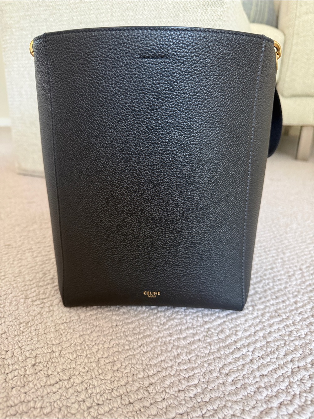Celine Black Pebbled Leather Crossbody Bucket Bag with Gold Hardware